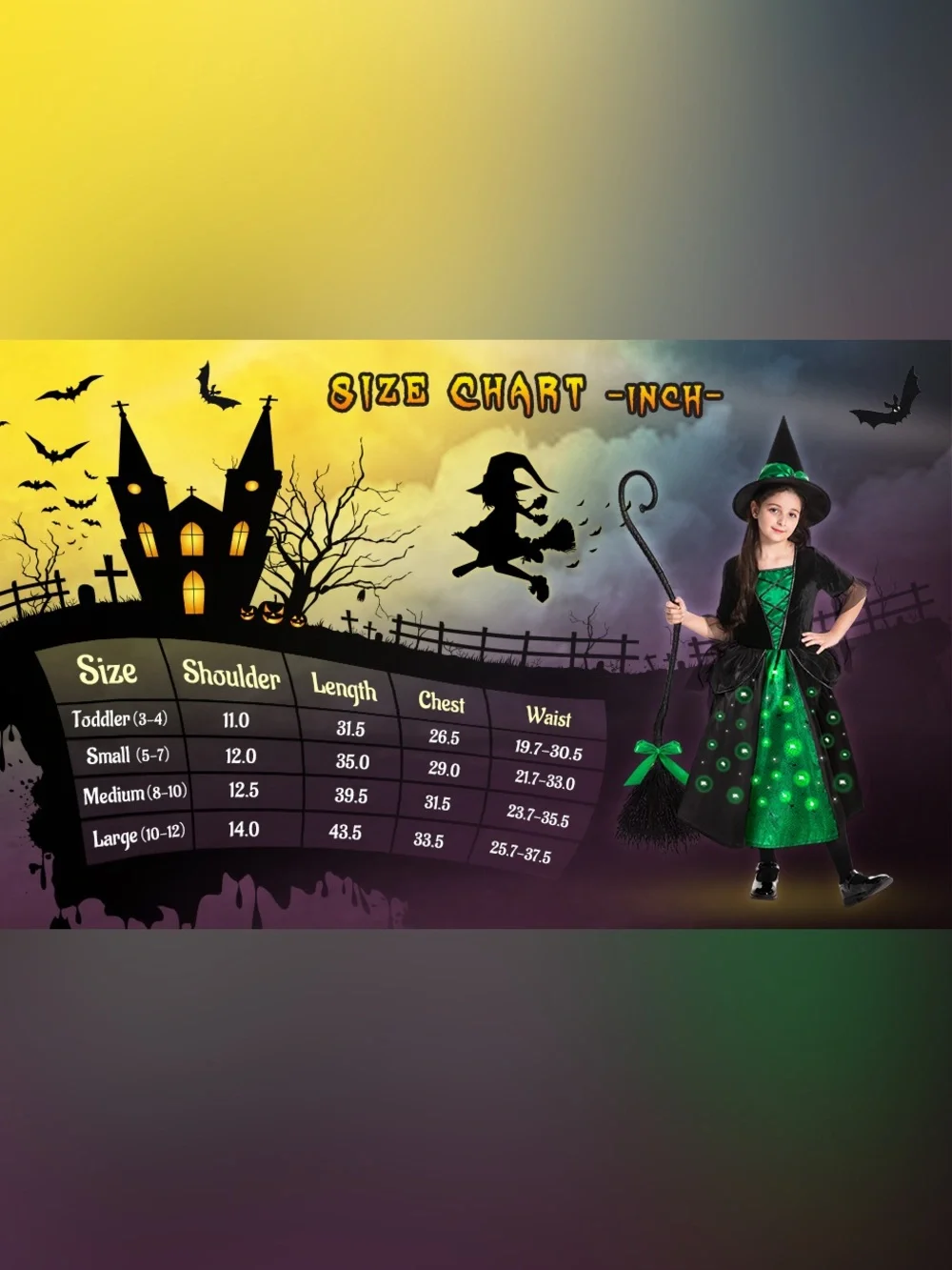 Poshetion Girls Witch Costumes, Light Up Halloween Witch Dress with Witch Broom